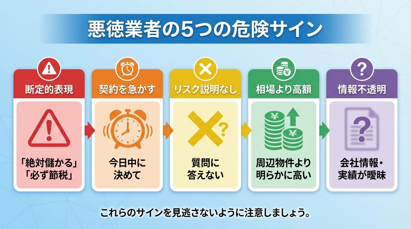 タイトル: 悪徳業者の5つの危険サイン。横並び5カードで: カード1(警告アイコン)ヘッダー: 断定的表現、説明: 「絶対儲かる」「必ず節税」。カード2(時計アイコン)ヘッダー: 契約を急かす、説明: 「今日中に決めて」。カード3(×アイコン)ヘッダー: リスク説明なし、説明: 質問に答えない。カード4(高額アイコン)ヘッダー: 相場より高額、説明: 周辺物件より明らかに高い。カード5(?アイコン)ヘッダー: 情報不透明、説明: 会社情報・実績が曖昧