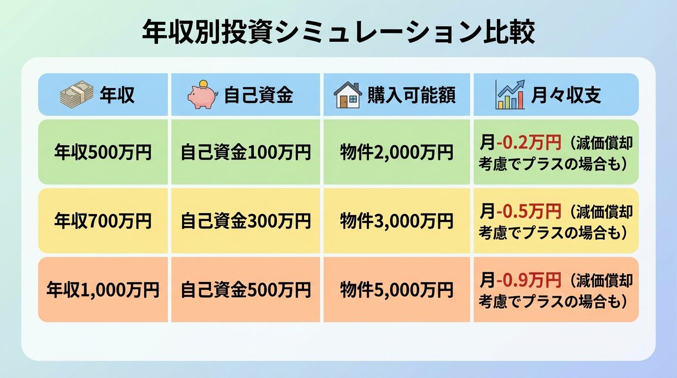タイトル: 年収別投資シミュレーション比較。3列の表: ヘッダー行: 年収 | 自己資金 | 購入可能額 | 月々収支。行1: 年収500万円 | 自己資金100万円 | 物件2,000万円 | 月-0.2万円(減価償却考慮でプラスの場合も)。行2: 年収700万円 | 自己資金300万円 | 物件3,000万円 | 月-0.5万円(減価償却考慮でプラスの場合も)。行3: 年収1,000万円 | 自己資金500万円 | 物件5,000万円 | 月-0.9万円(減価償却考慮でプラスの場合も)