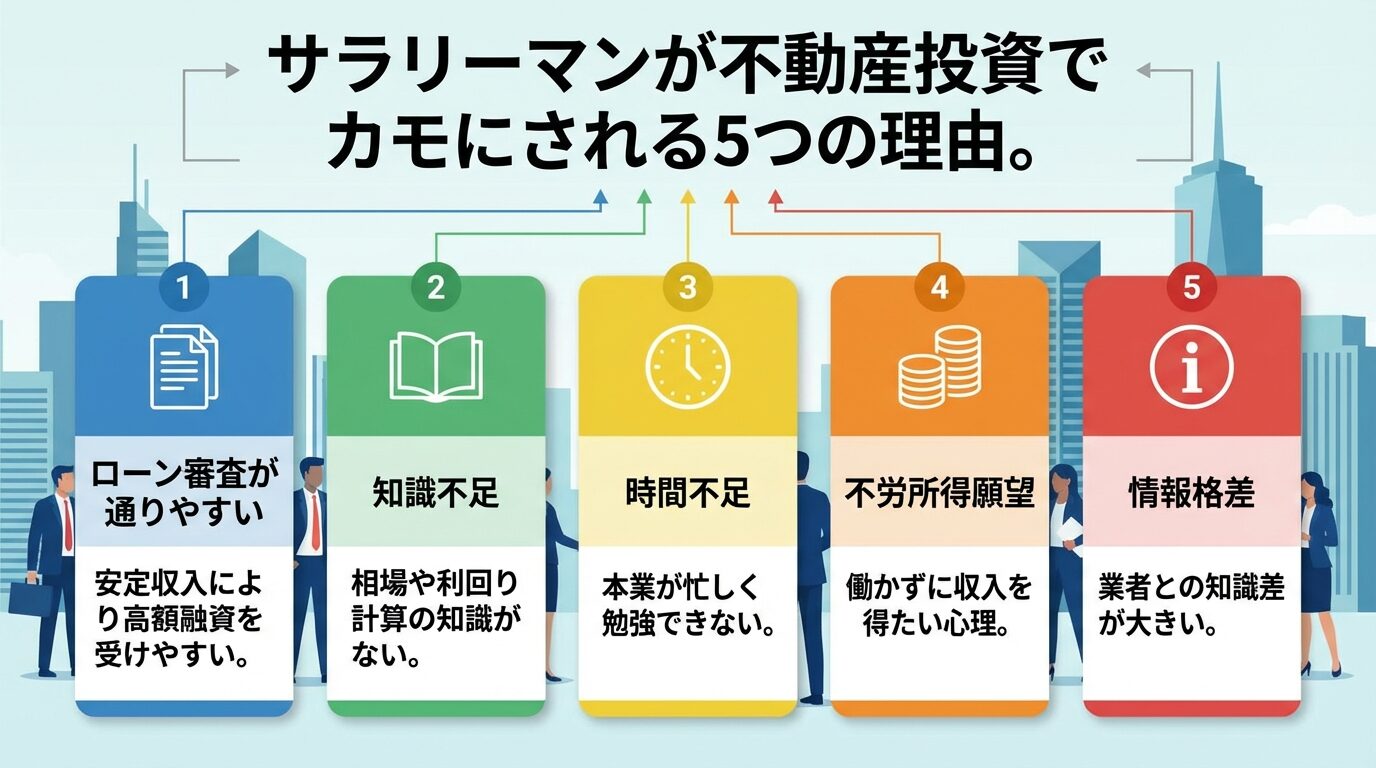 タイトル: サラリーマンが不動産投資でカモにされる5つの理由。縦並び5カードで: カード1（書類アイコン）ヘッダー: ローン審査が通りやすい、説明: 安定収入により高額融資を受けやすい。カード2（本アイコン）ヘッダー: 知識不足、説明: 相場や利回り計算の知識がない。カード3（時計アイコン）ヘッダー: 時間不足、説明: 本業が忙しく勉強できない。カード4（コインアイコン）ヘッダー: 不労所得願望、説明: 働かずに収入を得たい心理。カード5（情報アイコン）ヘッダー: 情報格差、説明: 業者との知識差が大きい