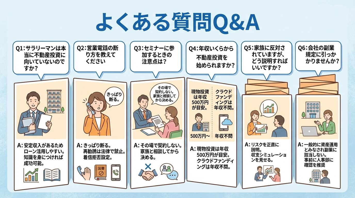 タイトル: よくある質問Q&A。アコーディオン形式で6項目: Q1: サラリーマンは本当に不動産投資に向いていないのですか？&rarr;A: 安定収入があるためローン活用しやすい。知識を身につければ成功可能。Q2: 営業電話の断り方を教えてください&rarr;A: きっぱり断る。再勧誘は法律で禁止。着信拒否設定。Q3: セミナーに参加するときの注意点は？&rarr;A: その場で契約しない。家族と相談してから決める。Q4: 年収いくらから不動産投資を始められますか？&rarr;A: 現物投資は年収500万円が目安。クラウドファンディングは年収不問。Q5: 家族に反対されていますが、どう説明すればいいですか？&rarr;A: リスクを正直に説明。収支シミュレーションを見せる。Q6: 会社の副業規定に引っかかりませんか？&rarr;A: 一般的に資産運用とみなされ副業に該当しない。事前に人事部に確認を推奨