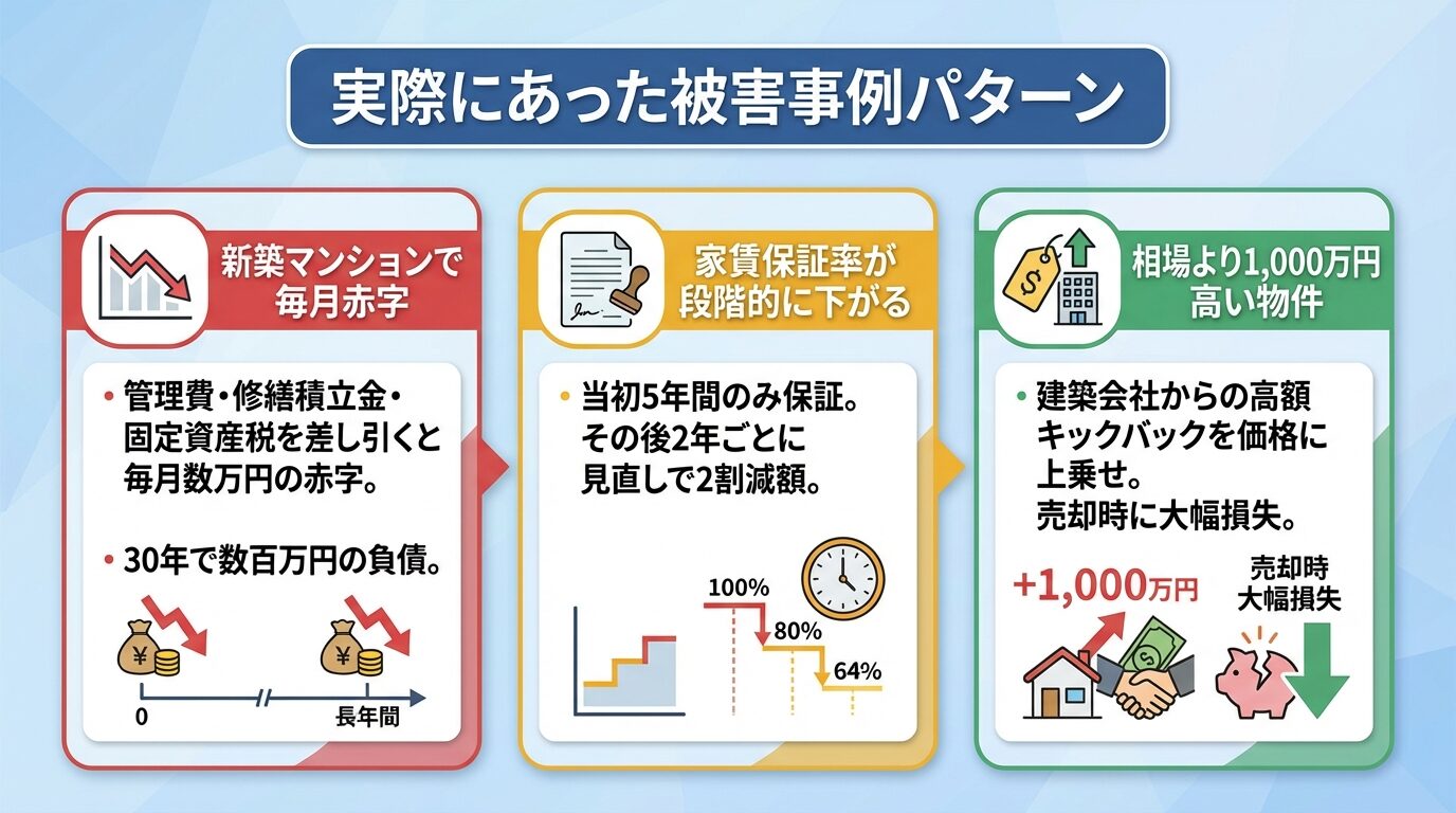 タイトル: 実際にあった被害事例パターン。縦並び3カードで: カード1（グラフ下降アイコン）ヘッダー: 新築マンションで毎月赤字、説明: 管理費・修繕積立金・固定資産税を差し引くと毎月数万円の赤字。30年で数百万円の負債。カード2（契約書アイコン）ヘッダー: 家賃保証率が段階的に下がる、説明: 当初5年間のみ保証。その後2年ごとに見直しで2割減額。カード3（価格タグアイコン）ヘッダー: 相場より1,000万円高い物件、説明: 建築会社からの高額キックバックを価格に上乗せ。売却時に大幅損失