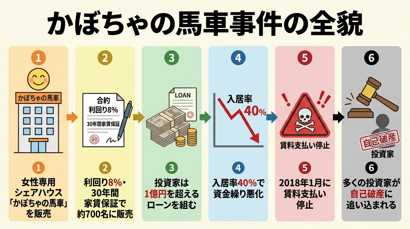 タイトル: かぼちゃの馬車事件の全貌。フロー図で左から右へ: ステップ1（建物アイコン）: 女性専用シェアハウス「かぼちゃの馬車」を販売。ステップ2（契約書アイコン）: 利回り8%・30年間家賃保証で約700名に販売。ステップ3（お金アイコン）: 投資家は1億円を超えるローンを組む。ステップ4（グラフ下降アイコン）: 入居率40%で資金繰り悪化。ステップ5（警告アイコン）: 2018年1月に賃料支払い停止。ステップ6（裁判アイコン）: 多くの投資家が自己破産に追い込まれる