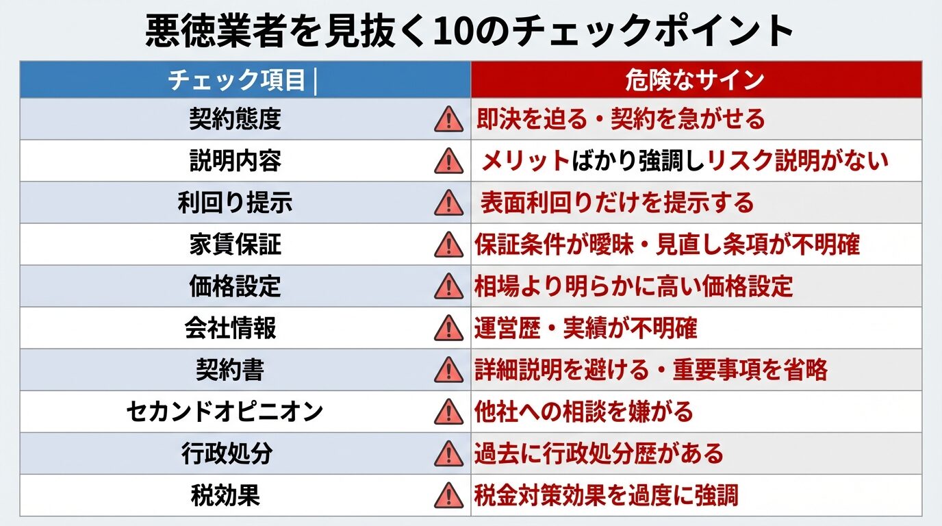 タイトル: 悪徳業者を見抜く10のチェックポイント。2列5行の表形式で: ヘッダー行: チェック項目 | 危険なサイン。行1: 契約態度 | 即決を迫る・契約を急がせる。行2: 説明内容 | メリットばかり強調しリスク説明がない。行3: 利回り提示 | 表面利回りだけを提示する。行4: 家賃保証 | 保証条件が曖昧・見直し条項が不明確。行5: 価格設定 | 相場より明らかに高い価格設定。行6: 会社情報 | 運営歴・実績が不明確。行7: 契約書 | 詳細説明を避ける・重要事項を省略。行8: セカンドオピニオン | 他社への相談を嫌がる。行9: 行政処分 | 過去に行政処分歴がある。行10: 税効果 | 税金対策効果を過度に強調