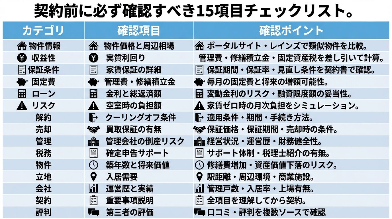 タイトル: 契約前に必ず確認すべき15項目チェックリスト。3列5行の表形式で: ヘッダー行: カテゴリ | 確認項目 | 確認ポイント。行1: 物件情報 | 物件価格と周辺相場 | ポータルサイト・レインズで類似物件を比較。行2: 収益性 | 実質利回り | 管理費・修繕積立金・固定資産税を差し引いて計算。行3: 保証条件 | 家賃保証の詳細 | 保証期間・保証率・見直し条件を契約書で確認。行4: 固定費 | 管理費・修繕積立金 | 毎月の固定費と将来の増額可能性。行5: ローン | 金利と総返済額 | 変動金利のリスク・融資限度額の妥当性。行6: リスク | 空室時の負担額 | 家賃ゼロ時の月次負担をシミュレーション。行7: 解約 | クーリングオフ条件 | 適用条件・期間・手続き方法。行8: 売却 | 買取保証の有無 | 保証価格・保証期間・売却時の条件。行9: 管理 | 管理会社の倒産リスク | 経営状況・運営歴・財務健全性。行10: 税務 | 確定申告サポート | サポート体制・税理士紹介の有無。行11: 物件 | 築年数と将来価値 | 修繕費増加・資産価値下落のリスク。行12: 立地 | 入居需要 | 駅距離・周辺環境・商業施設。行13: 会社 | 運営歴と実績 | 管理戸数・入居率・上場有無。行14: 契約 | 重要事項説明 | 全項目を理解してから契約。行15: 評判 | 第三者の評価 | 口コミ・評判を複数ソースで確認