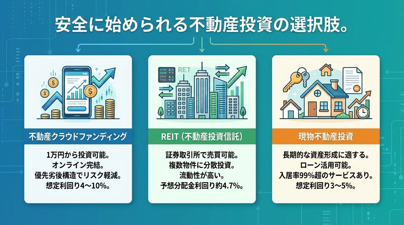 タイトル: 安全に始められる不動産投資の選択肢。横並び3カードで: カード1（スマホアイコン）ヘッダー: 不動産クラウドファンディング、説明: 1万円から投資可能。オンライン完結。優先劣後構造でリスク軽減。想定利回り4〜10%。カード2（ビルアイコン）ヘッダー: REIT（不動産投資信託）、説明: 証券取引所で売買可能。複数物件に分散投資。流動性が高い。予想分配金利回り約4.7%。カード3（家アイコン）ヘッダー: 現物不動産投資、説明: 長期的な資産形成に適する。ローン活用可能。入居率99%超のサービスあり。想定利回り3〜5%