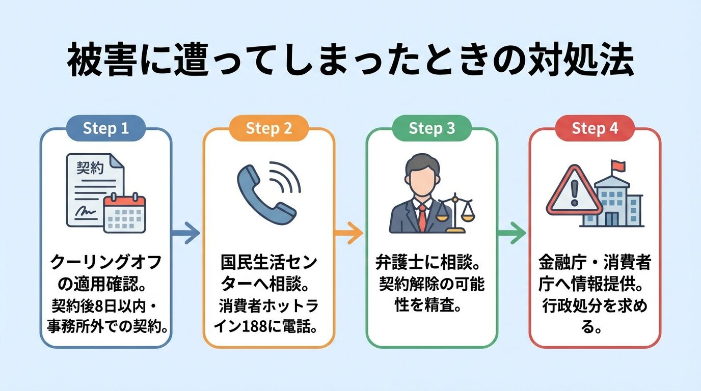 タイトル: 被害に遭ってしまったときの対処法。フロー図で左から右へ: ステップ1（書類アイコン）: クーリングオフの適用確認。契約後8日以内・事務所外での契約。ステップ2（電話アイコン）: 国民生活センターへ相談。消費者ホットライン188に電話。ステップ3（弁護士アイコン）: 弁護士に相談。契約解除の可能性を精査。ステップ4（警告アイコン）: 金融庁・消費者庁へ情報提供。行政処分を求める
