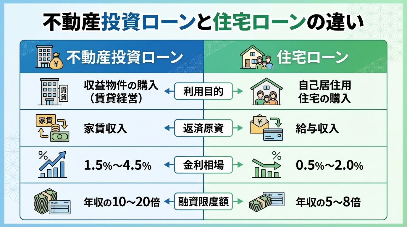 タイトル: 不動産投資ローンと住宅ローンの違い。2カラムの比較表: 左列ヘッダー: 不動産投資ローン、右列ヘッダー: 住宅ローン。行1: 利用目的 | 収益物件の購入（賃貸経営） | 自己居住用住宅の購入。行2: 返済原資 | 家賃収入 | 給与収入。行3: 金利相場 | 1.5%〜4.5% | 0.5%〜2.0%。行4: 融資限度額 | 年収の10〜20倍 | 年収の5〜8倍
