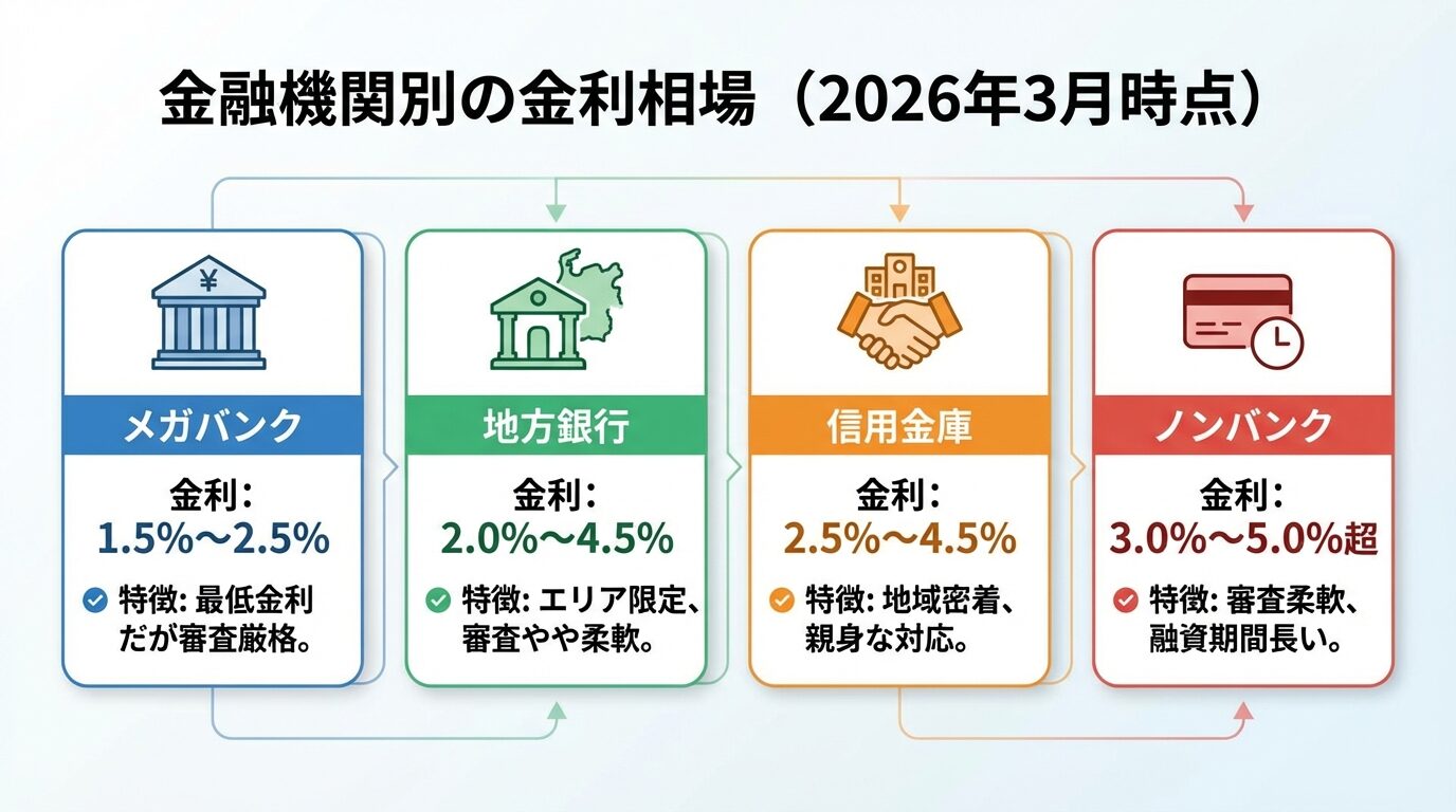 タイトル: 金融機関別の金利相場（2026年3月時点）。4段の横並びカード形式: カード1（銀行アイコン）ヘッダー: メガバンク、金利: 1.5%〜2.5%、特徴: 最低金利だが審査厳格。カード2（地方銀行アイコン）ヘッダー: 地方銀行、金利: 2.0%〜4.5%、特徴: エリア限定、審査やや柔軟。カード3（信金アイコン）ヘッダー: 信用金庫、金利: 2.5%〜4.5%、特徴: 地域密着、親身な対応。カード4（ノンバンクアイコン）ヘッダー: ノンバンク、金利: 3.0%〜5.0%超、特徴: 審査柔軟、融資期間長い