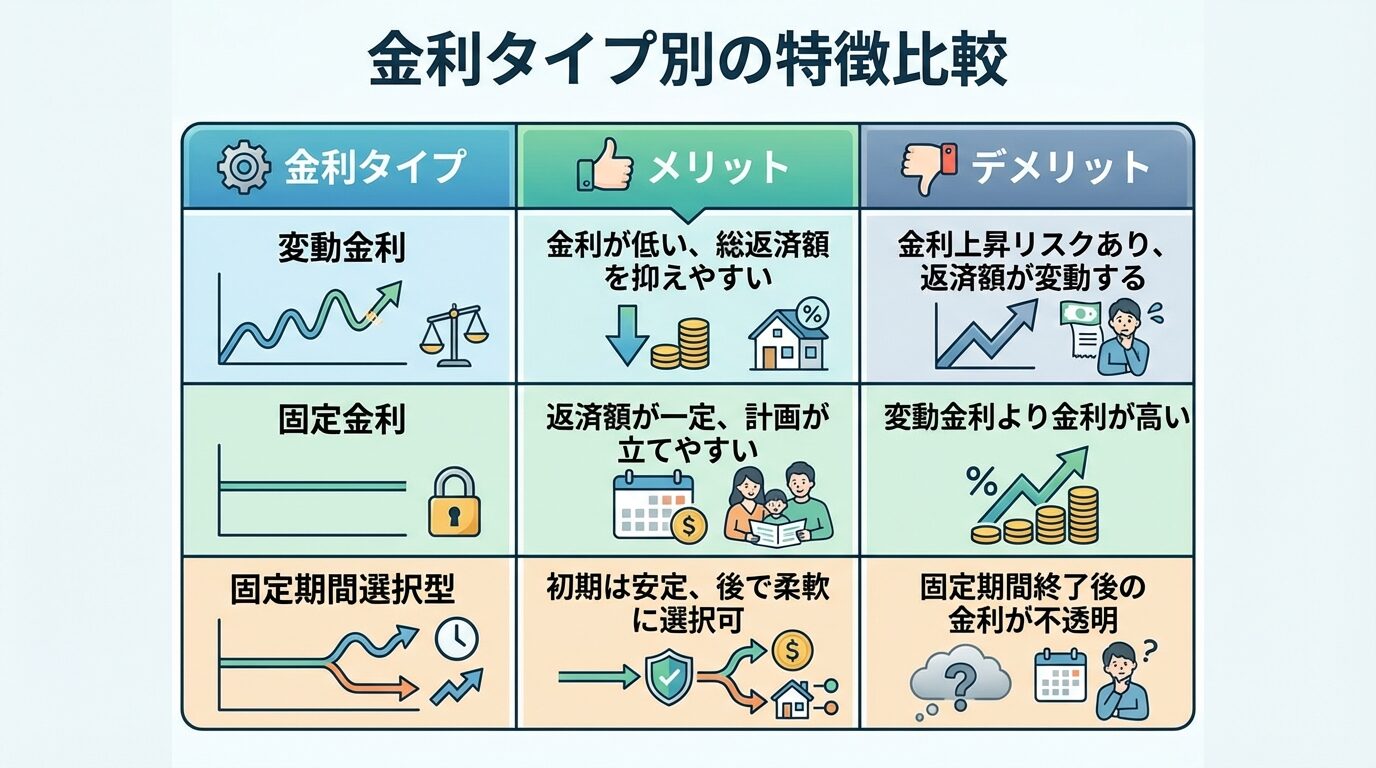 タイトル: 金利タイプ別の特徴比較。3列の表: ヘッダー行: 金利タイプ | メリット | デメリット。行1: 変動金利 | 金利が低い、総返済額を抑えやすい | 金利上昇リスクあり、返済額が変動する。行2: 固定金利 | 返済額が一定、計画が立てやすい | 変動金利より金利が高い。行3: 固定期間選択型 | 初期は安定、後で柔軟に選択可 | 固定期間終了後の金利が不透明