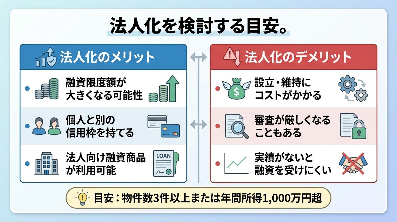 タイトル: 法人化を検討する目安。2カラムの比較表: 左列ヘッダー: 法人化のメリット、右列ヘッダー: 法人化のデメリット。行1: 融資限度額が大きくなる可能性 | 設立・維持にコストがかかる。行2: 個人と別の信用枠を持てる | 審査が厳しくなることもある。行3: 法人向け融資商品が利用可能 | 実績がないと融資を受けにくい。下部に注釈: 目安: 物件数3件以上または年間所得1,000万円超