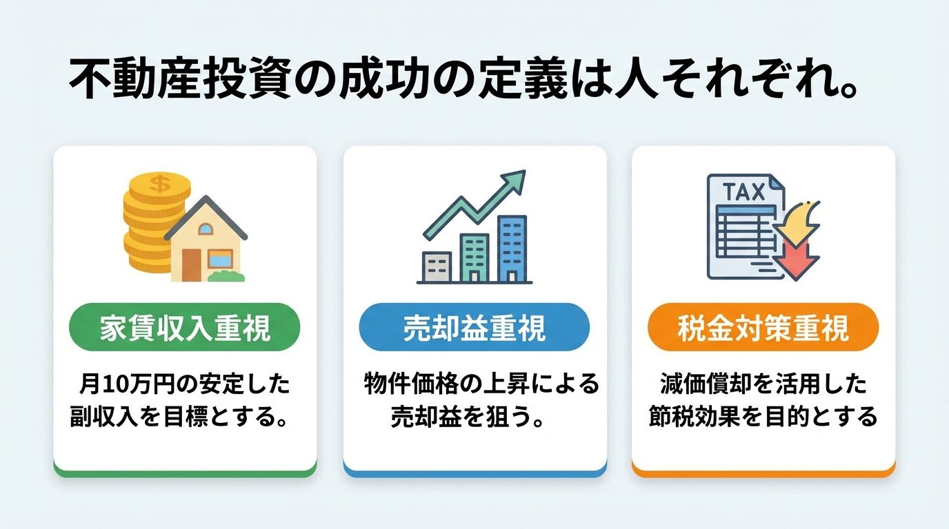 タイトル: 不動産投資の成功の定義は人それぞれ。横並び3カードで: カード1（コインのアイコン）ヘッダー: 家賃収入重視、説明: 月10万円の安定した副収入を目標とする。カード2（グラフ上昇アイコン）ヘッダー: 売却益重視、説明: 物件価格の上昇による売却益を狙う。カード3（税金アイコン）ヘッダー: 税金対策重視、説明: 減価償却を活用した節税効果を目的とする