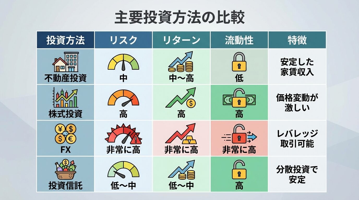 タイトル: 主要投資方法の比較。5列の表: ヘッダー行: 投資方法 | リスク | リターン | 流動性 | 特徴。行1: 不動産投資 | 中 | 中〜高 | 低 | 安定した家賃収入。行2: 株式投資 | 高 | 高 | 高 | 価格変動が激しい。行3: FX | 非常に高 | 非常に高 | 非常に高 | レバレッジ取引可能。行4: 投資信託 | 低〜中 | 低〜中 | 高 | 分散投資で安定