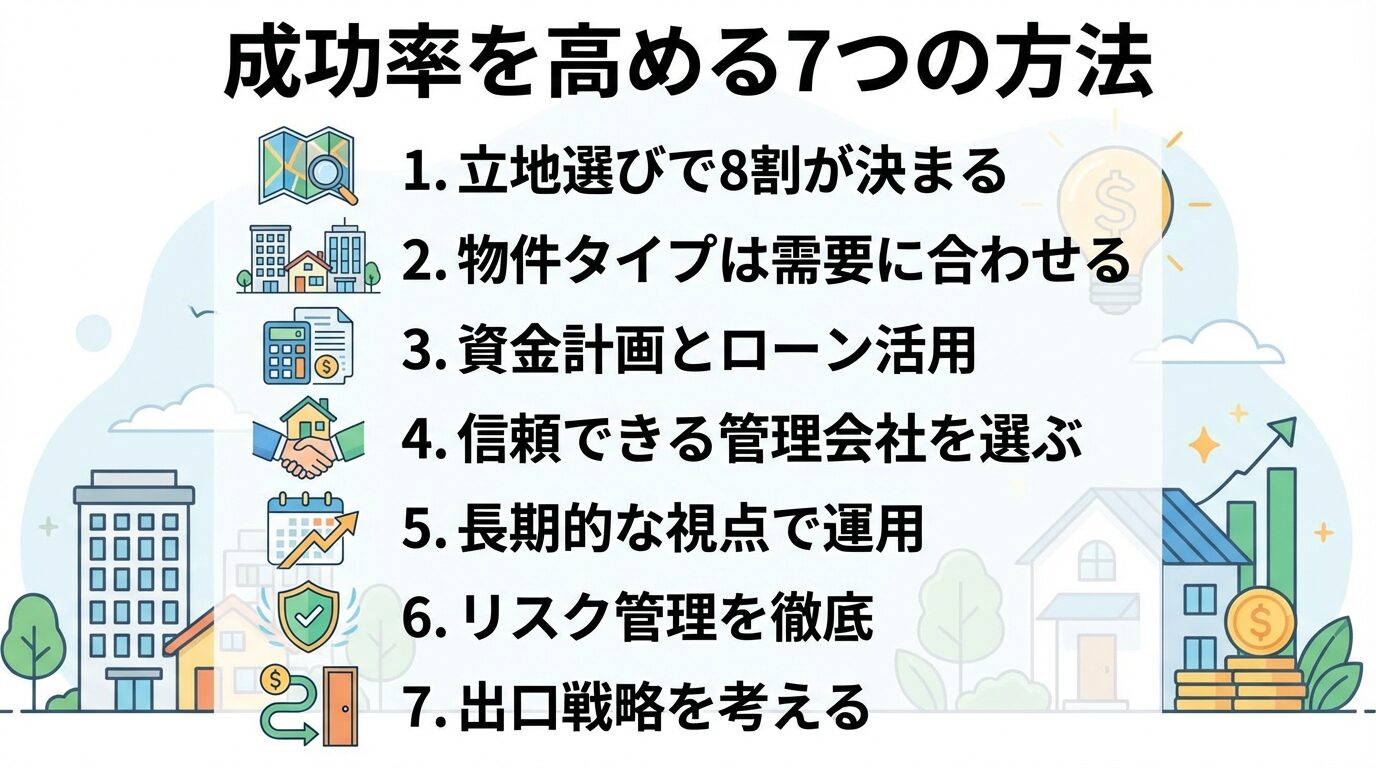 タイトル: 成功率を高める7つの方法。縦並びリストで: 1. 立地選びで8割が決まる（地図アイコン）、2. 物件タイプは需要に合わせる（建物アイコン）、3. 資金計画とローン活用（電卓アイコン）、4. 信頼できる管理会社を選ぶ（握手アイコン）、5. 長期的な視点で運用（カレンダーアイコン）、6. リスク管理を徹底（盾アイコン）、7. 出口戦略を考える（矢印アイコン）