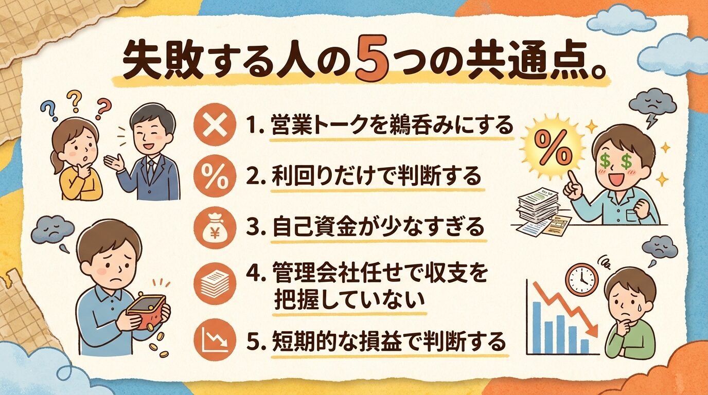 タイトル: 失敗する人の5つの共通点。縦並びリストで: 1. 営業トークを鵜呑みにする（&times;マークアイコン）、2. 利回りだけで判断する（％マークアイコン）、3. 自己資金が少なすぎる（財布アイコン）、4. 管理会社任せで収支を把握していない（書類アイコン）、5. 短期的な損益で判断する（グラフアイコン）