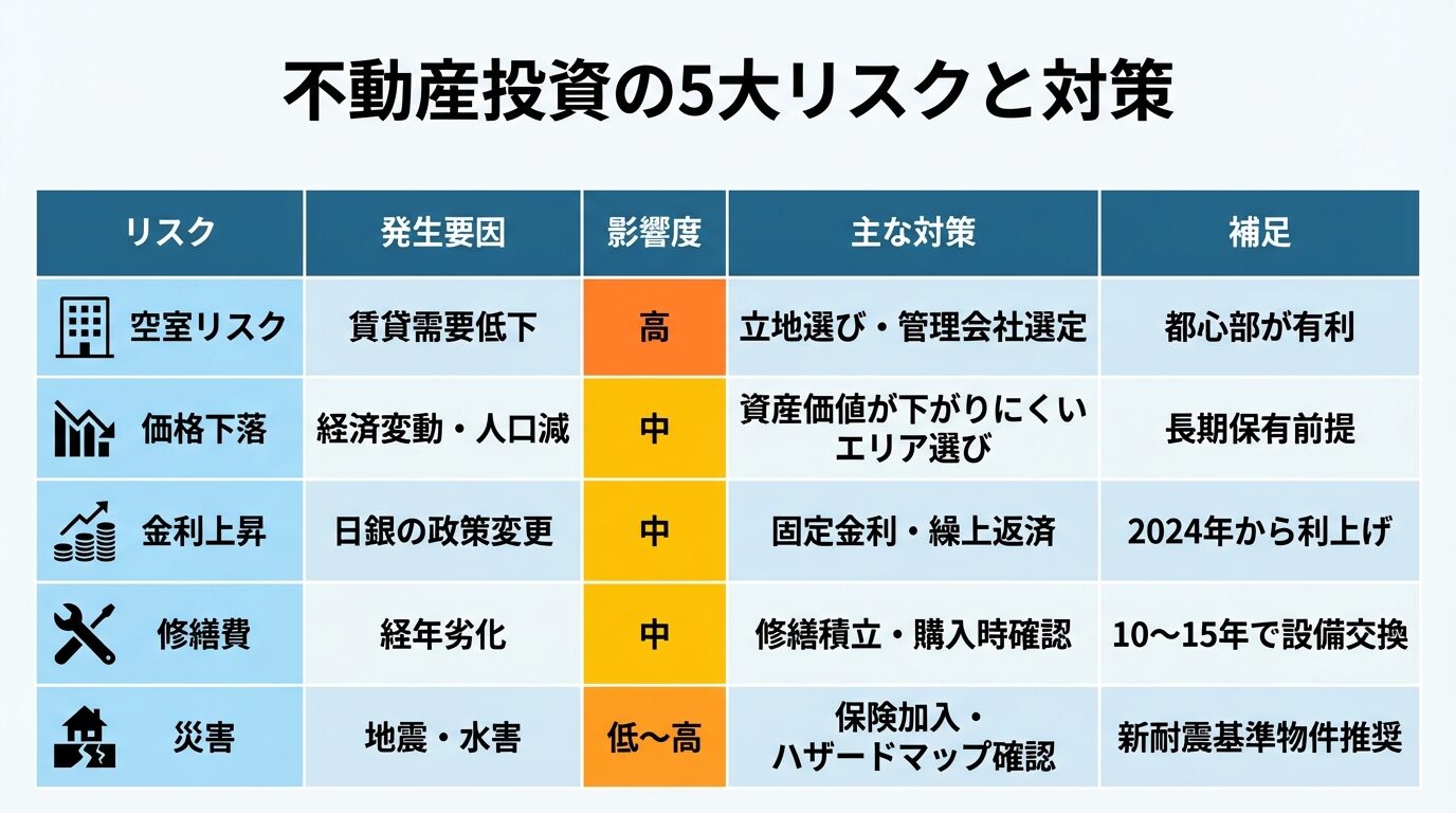 タイトル: 不動産投資の5大リスクと対策。5列の表: ヘッダー行: リスク | 発生要因 | 影響度 | 主な対策 | 補足。行1: 空室リスク | 賃貸需要低下 | 高 | 立地選び・管理会社選定 | 都心部が有利。行2: 価格下落 | 経済変動・人口減 | 中 | 資産価値が下がりにくいエリア選び | 長期保有前提。行3: 金利上昇 | 日銀の政策変更 | 中 | 固定金利・繰上返済 | 2024年から利上げ。行4: 修繕費 | 経年劣化 | 中 | 修繕積立・購入時確認 | 10〜15年で設備交換。行5: 災害 | 地震・水害 | 低〜高 | 保険加入・ハザードマップ確認 | 新耐震基準物件推奨