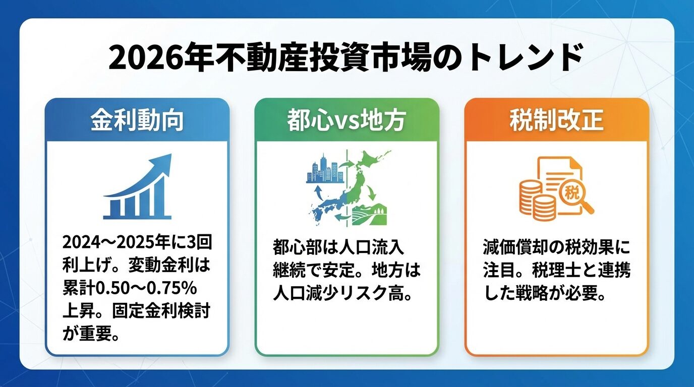 タイトル: 2026年不動産投資市場のトレンド。横並び3カードで: カード1（グラフアイコン）ヘッダー: 金利動向、説明: 2024〜2025年に3回利上げ。変動金利は累計0.50〜0.75%上昇。固定金利検討が重要。カード2（地図アイコン）ヘッダー: 都心vs地方、説明: 都心部は人口流入継続で安定。地方は人口減少リスク高。カード3（税金アイコン）ヘッダー: 税制改正、説明: 減価償却の税効果に注目。税理士と連携した戦略が必要