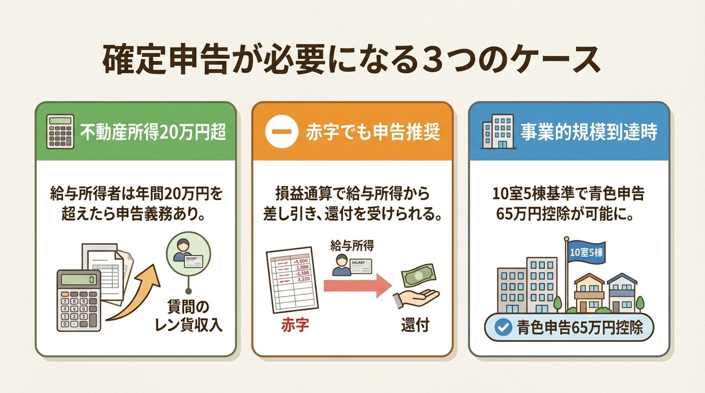 タイトル: 確定申告が必要になる3つのケース。横並び3カードで: カード1（電卓アイコン）ヘッダー: 不動産所得20万円超、説明: 給与所得者は年間20万円を超えたら申告義務あり。カード2（マイナスアイコン）ヘッダー: 赤字でも申告推奨、説明: 損益通算で給与所得から差し引き、還付を受けられる。カード3（建物アイコン）ヘッダー: 事業的規模到達時、説明: 10室5棟基準で青色申告65万円控除が可能に