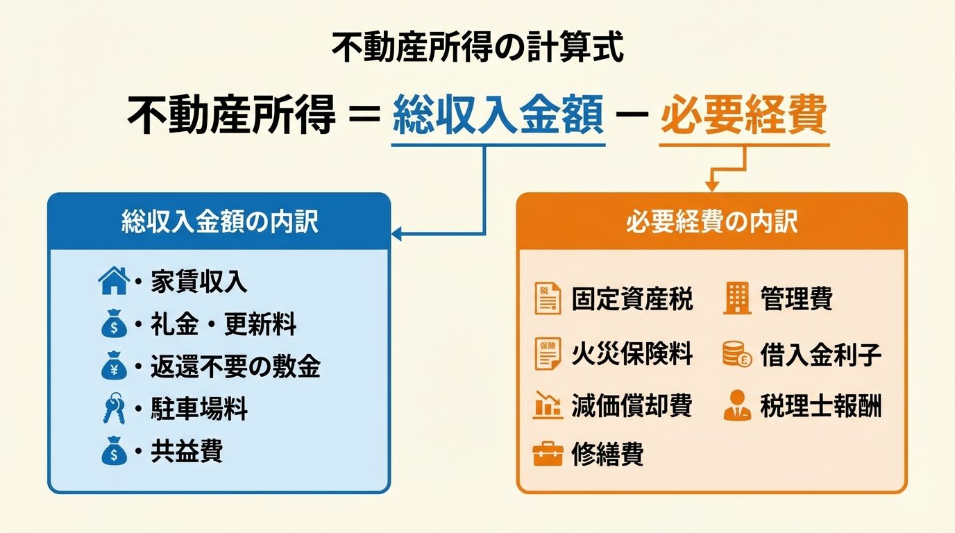 タイトル: 不動産所得の計算式。中央に大きな計算式: 不動産所得 = 総収入金額 &minus; 必要経費。左側ボックス（青背景）: 総収入金額の内訳: 家賃収入、礼金・更新料、返還不要の敷金、駐車場料、共益費。右側ボックス（オレンジ背景）: 必要経費の内訳: 固定資産税、火災保険料、減価償却費、修繕費、管理費、借入金利子、税理士報酬