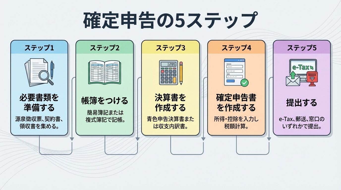 タイトル: 確定申告の5ステップ。縦に並ぶ5つのステップカード: ステップ1（書類アイコン）: 必要書類を準備する - 源泉徴収票、契約書、領収書を集める。ステップ2（帳簿アイコン）: 帳簿をつける - 簡易簿記または複式簿記で記帳。ステップ3（電卓アイコン）: 決算書を作成する - 青色申告決算書または収支内訳書。ステップ4（フォームアイコン）: 確定申告書を作成する - 所得・控除を入力し税額計算。ステップ5（送信アイコン）: 提出する - e-Tax、郵送、窓口のいずれかで提出