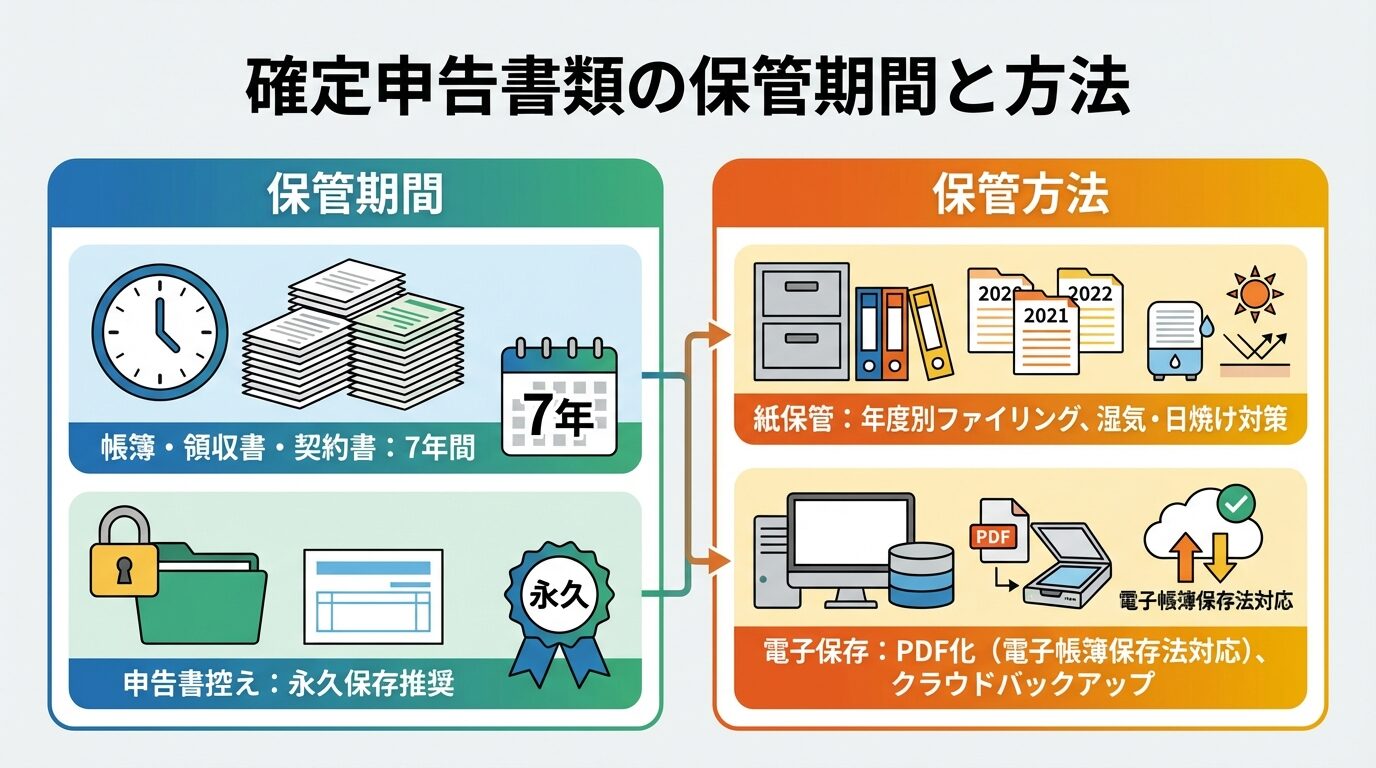 タイトル: 確定申告書類の保管期間と方法。左側ボックス: 保管期間 - 帳簿・領収書・契約書: 7年間、申告書控え: 永久保存推奨。右側ボックス: 保管方法 - 紙保管: 年度別ファイリング、湿気・日焼け対策、電子保存: PDF化（電子帳簿保存法対応）、クラウドバックアップ