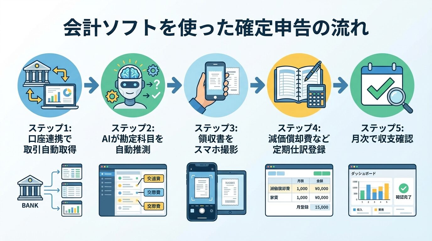タイトル: 会計ソフトを使った確定申告の流れ。左から右へのフロー図: ステップ1（銀行連携アイコン）: 口座連携で取引自動取得 &rarr; ステップ2（AIアイコン）: AIが勘定科目を自動推測 &rarr; ステップ3（スマホアイコン）: 領収書をスマホ撮影 &rarr; ステップ4（帳簿アイコン）: 減価償却費など定期仕訳登録 &rarr; ステップ5（チェックアイコン）: 月次で収支確認