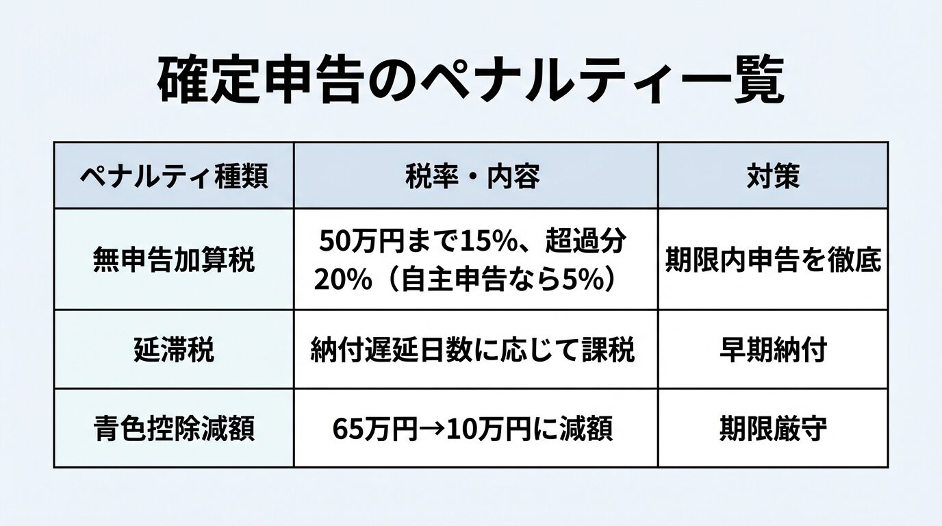 タイトル: 確定申告のペナルティ一覧。3列の表: ヘッダー行: ペナルティ種類 | 税率・内容 | 対策。行1: 無申告加算税 | 50万円まで15%、超過分20%（自主申告なら5%） | 期限内申告を徹底。行2: 延滞税 | 納付遅延日数に応じて課税 | 早期納付。行3: 青色控除減額 | 65万円&rarr;10万円に減額 | 期限厳守