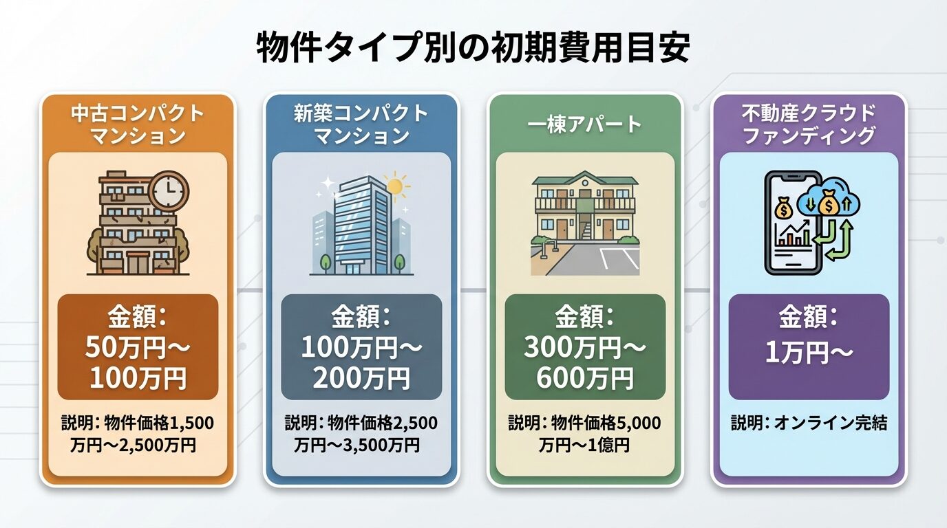 タイトル: 物件タイプ別の初期費用目安。横並び4カードで: カード1(マンションアイコン)ヘッダー: 中古コンパクトマンション、金額: 50万円〜100万円、説明: 物件価格1,500万円〜2,500万円。カード2(新築ビルアイコン)ヘッダー: 新築コンパクトマンション、金額: 100万円〜200万円、説明: 物件価格2,500万円〜3,500万円。カード3(アパートアイコン)ヘッダー: 一棟アパート、金額: 300万円〜600万円、説明: 物件価格5,000万円〜1億円。カード4(スマホアイコン)ヘッダー: 不動産クラウドファンディング、金額: 1万円〜、説明: オンライン完結