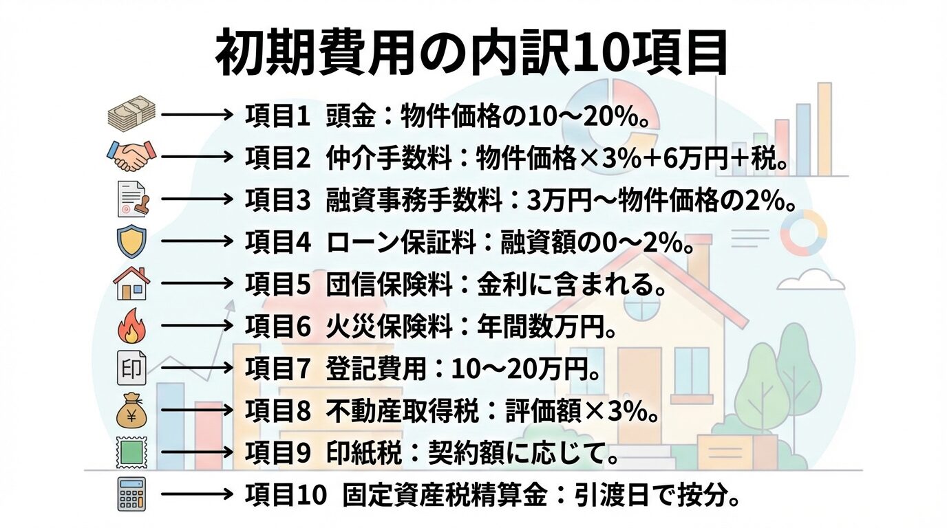 タイトル: 初期費用の内訳10項目。縦並びリストで: 項目1(札束アイコン)頭金: 物件価格の10〜20%。項目2(握手アイコン)仲介手数料: 物件価格×3%+6万円+税。項目3(書類アイコン)融資事務手数料: 3万円〜物件価格の2%。項目4(盾アイコン)ローン保証料: 融資額の0〜2%。項目5(家アイコン)団信保険料: 金利に含まれる。項目6(炎アイコン)火災保険料: 年間数万円。項目7(印鑑アイコン)登記費用: 10〜20万円。項目8(税金アイコン)不動産取得税: 評価額×3%。項目9(切手アイコン)印紙税: 契約額に応じて。項目10(計算機アイコン)固定資産税精算金: 引渡日で按分