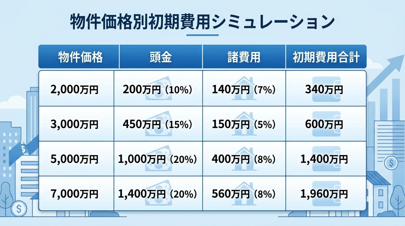 タイトル: 物件価格別初期費用シミュレーション。4列の表: ヘッダー行: 物件価格 | 頭金 | 諸費用 | 初期費用合計。行1: 2,000万円 | 200万円(10%) | 140万円(7%) | 340万円。行2: 3,000万円 | 450万円(15%) | 150万円(5%) | 600万円。行3: 5,000万円 | 1,000万円(20%) | 400万円(8%) | 1,400万円。行4: 7,000万円 | 1,400万円(20%) | 560万円(8%) | 1,960万円