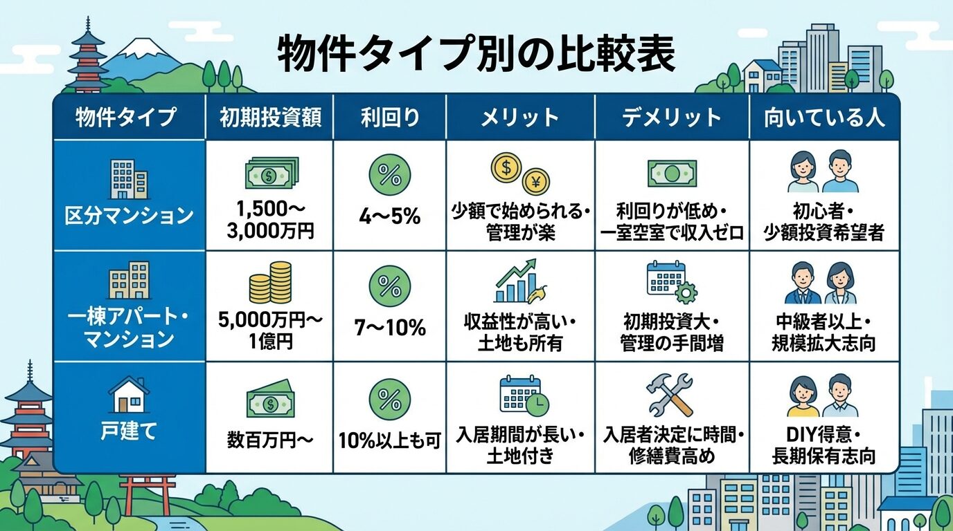 タイトル: 物件タイプ別の比較表。3列の表で: ヘッダー行: 物件タイプ | 初期投資額 | 利回り | メリット | デメリット | 向いている人。行1: 区分マンション | 1,500〜3,000万円 | 4〜5% | 少額で始められる・管理が楽 | 利回りが低め・一室空室で収入ゼロ | 初心者・少額投資希望者。行2: 一棟アパート・マンション | 5,000万円〜1億円 | 7〜10% | 収益性が高い・土地も所有 | 初期投資大・管理の手間増 | 中級者以上・規模拡大志向。行3: 戸建て | 数百万円〜 | 10%以上も可 | 入居期間が長い・土地付き | 入居者決定に時間・修繕費高め | DIY得意・長期保有志向