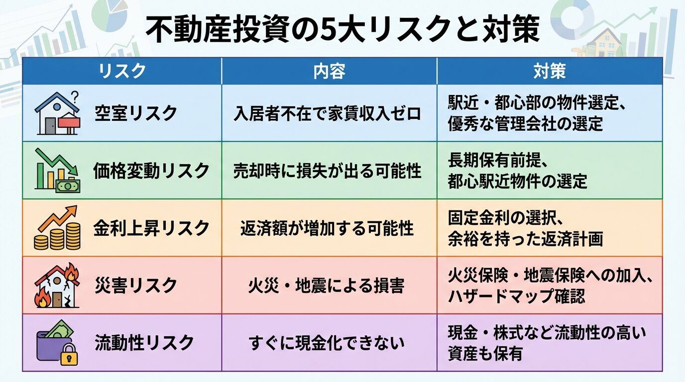 タイトル: 不動産投資の5大リスクと対策。5行の表で: ヘッダー行: リスク | 内容 | 対策。行1: 空室リスク | 入居者不在で家賃収入ゼロ | 駅近・都心部の物件選定、優秀な管理会社の選定。行2: 価格変動リスク | 売却時に損失が出る可能性 | 長期保有前提、都心駅近物件の選定。行3: 金利上昇リスク | 返済額が増加する可能性 | 固定金利の選択、余裕を持った返済計画。行4: 災害リスク | 火災・地震による損害 | 火災保険・地震保険への加入、ハザードマップ確認。行5: 流動性リスク | すぐに現金化できない | 現金・株式など流動性の高い資産も保有