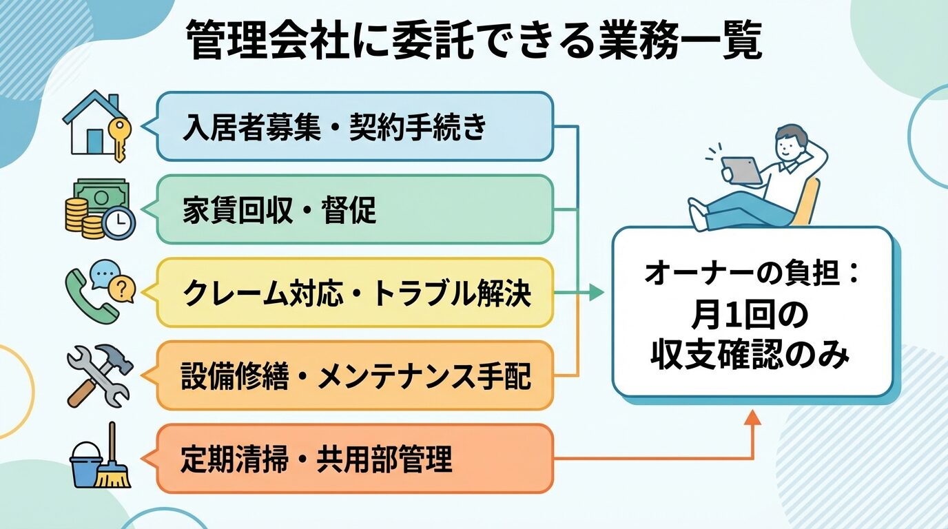タイトル: 管理会社に委託できる業務一覧。縦並びリストで: 1. 入居者募集・契約手続き（家のアイコン）、2. 家賃回収・督促（お金のアイコン）、3. クレーム対応・トラブル解決（電話のアイコン）、4. 設備修繕・メンテナンス手配（工具のアイコン）、5. 定期清掃・共用部管理（掃除のアイコン）。右側に「オーナーの負担: 月1回の収支確認のみ」と記載