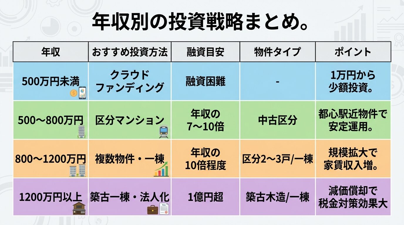 タイトル: 年収別の投資戦略まとめ。4行の表で: ヘッダー行: 年収 | おすすめ投資方法 | 融資目安 | 物件タイプ | ポイント。行1: 500万円未満 | クラウドファンディング | 融資困難 | - | 1万円から少額投資。行2: 500〜800万円 | 区分マンション | 年収の7〜10倍 | 中古区分 | 都心駅近物件で安定運用。行3: 800〜1200万円 | 複数物件・一棟 | 年収の10倍程度 | 区分2〜3戸/一棟 | 規模拡大で家賃収入増。行4: 1200万円以上 | 築古一棟・法人化 | 1億円超 | 築古木造/一棟 | 減価償却で税金対策効果大