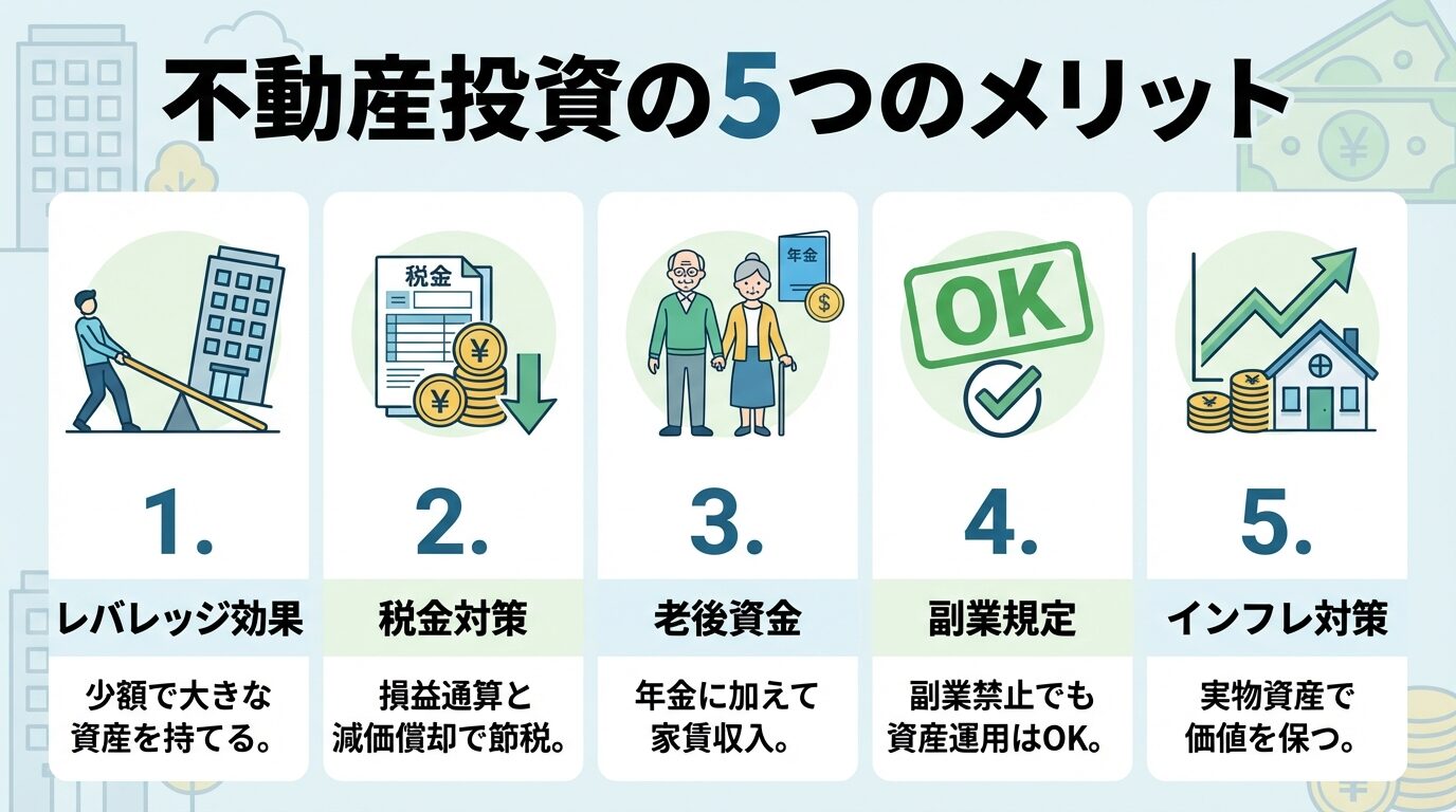 タイトル: 不動産投資の5つのメリット。縦並びリストで: 1. レバレッジ効果（てこのアイコン）- 少額で大きな資産を持てる。2. 税金対策（税金のアイコン）- 損益通算と減価償却で節税。3. 老後資金（年金のアイコン）- 年金に加えて家賃収入。4. 副業規定（OKマークのアイコン）- 副業禁止でも資産運用はOK。5. インフレ対策（グラフのアイコン）- 実物資産で価値を保つ