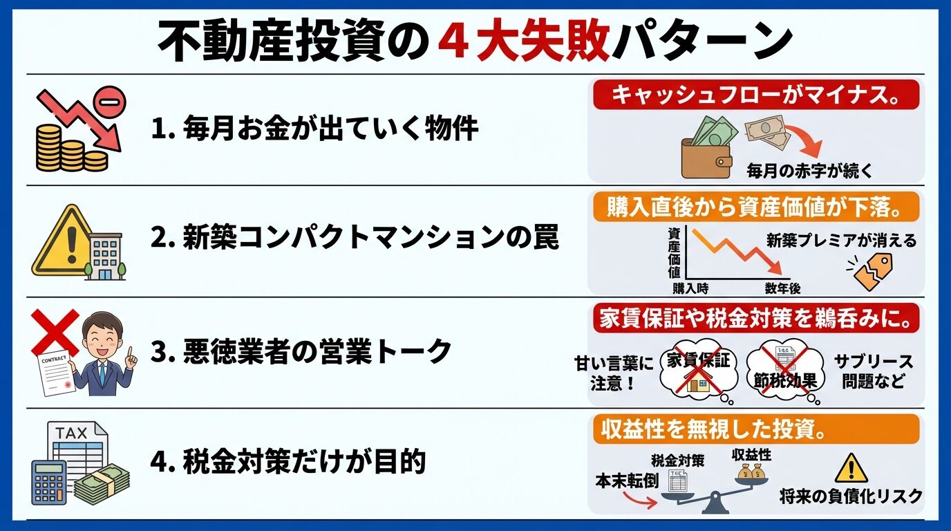 タイトル: 不動産投資の4大失敗パターン。縦並びリストで: 1. 毎月お金が出ていく物件（赤字のアイコン）- キャッシュフローがマイナス。2. 新築コンパクトマンションの罠（警告のアイコン）- 購入直後から資産価値が下落。3. 悪徳業者の営業トーク（&times;マークのアイコン）- 家賃保証や税金対策を鵜呑みに。4. 税金対策だけが目的（税金のアイコン）- 収益性を無視した投資
