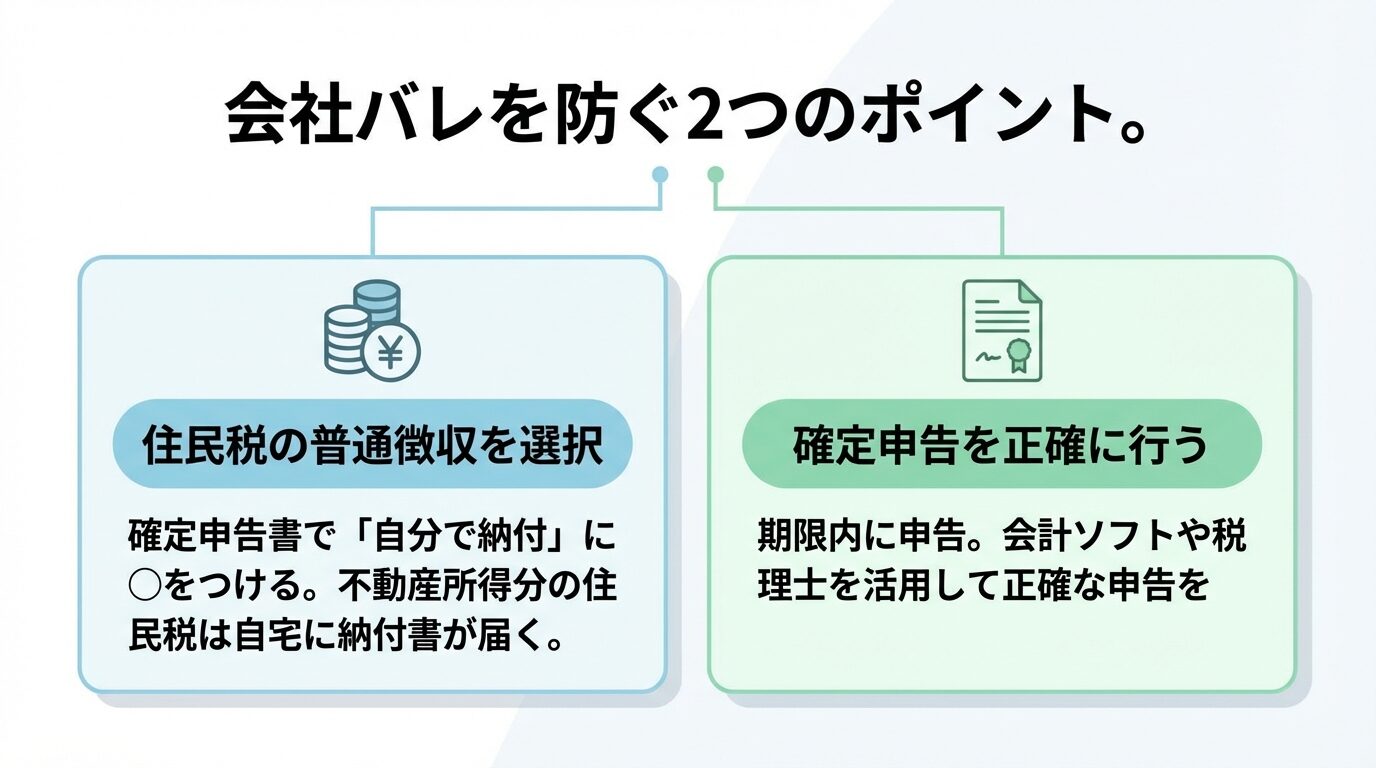 タイトル: 会社バレを防ぐ2つのポイント。横並び2カードで: カード1（税金のアイコン）ヘッダー: 住民税の普通徴収を選択、説明: 確定申告書で「自分で納付」に○をつける。不動産所得分の住民税は自宅に納付書が届く。カード2（書類のアイコン）ヘッダー: 確定申告を正確に行う、説明: 期限内に申告。会計ソフトや税理士を活用して正確な申告を