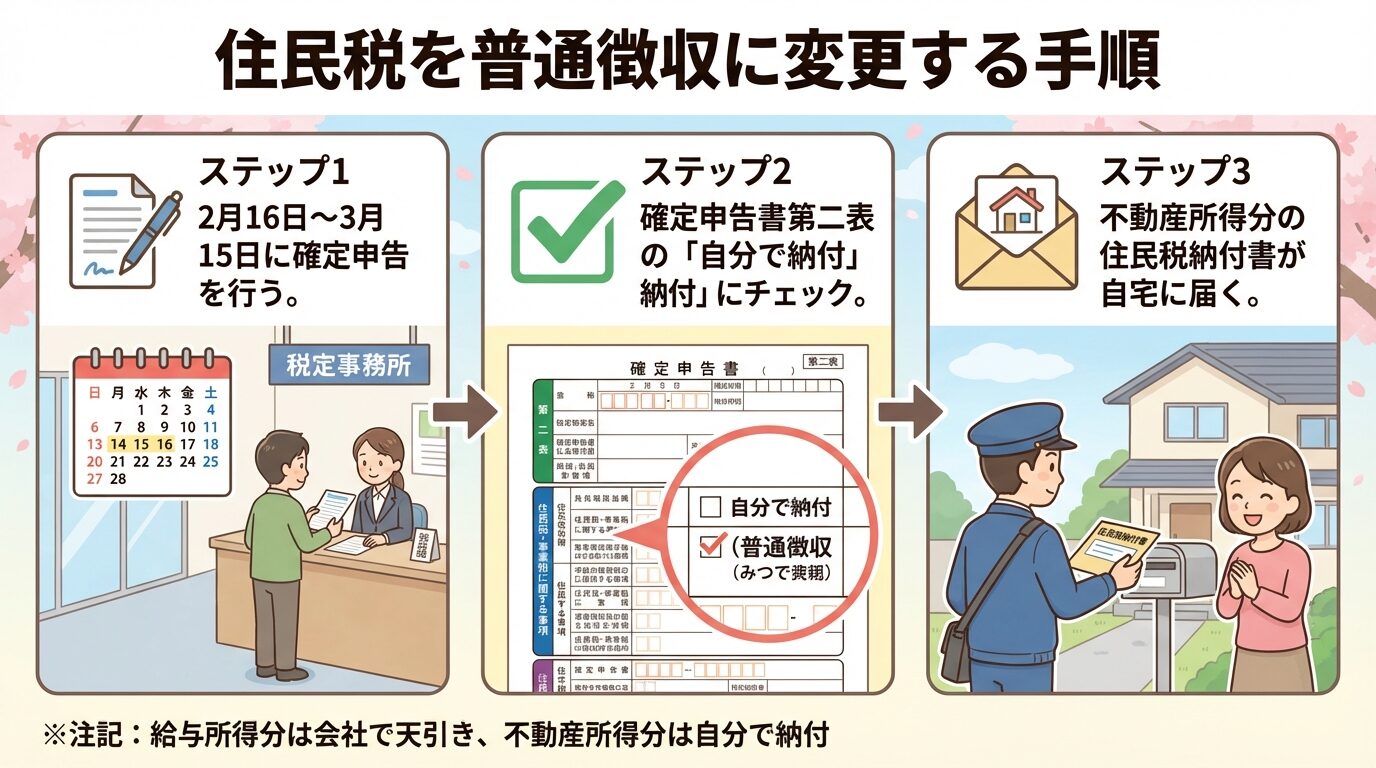 タイトル: 住民税を普通徴収に変更する手順。3ステップのフロー図で: ステップ1(書類アイコン)2月16日〜3月15日に確定申告を行う。ステップ2(チェックアイコン)確定申告書第二表の「自分で納付」にチェック。ステップ3(封筒アイコン)不動産所得分の住民税納付書が自宅に届く。下部に注記: 給与所得分は会社で天引き、不動産所得分は自分で納付