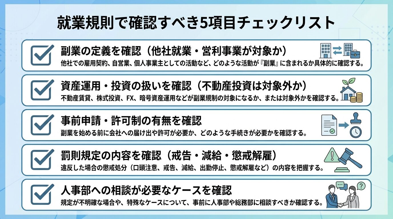 タイトル: 就業規則で確認すべき5項目チェックリスト。縦並びチェックボックス形式で: □ 副業の定義を確認(他社就業・営利事業が対象か)、□ 資産運用・投資の扱いを確認(不動産投資は対象外か)、□ 事前申請・許可制の有無を確認、□ 罰則規定の内容を確認(戒告・減給・懲戒解雇)、□ 人事部への相談が必要なケースを確認
