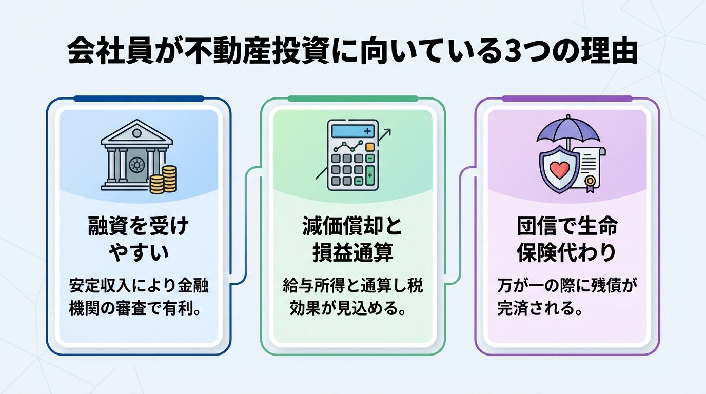 タイトル: 会社員が不動産投資に向いている3つの理由。横並び3カードで: カード1(銀行アイコン)ヘッダー: 融資を受けやすい、説明: 安定収入により金融機関の審査で有利。カード2(計算機アイコン)ヘッダー: 減価償却と損益通算、説明: 給与所得と通算し税効果が見込める。カード3(保険アイコン)ヘッダー: 団信で生命保険代わり、説明: 万が一の際に残債が完済される
