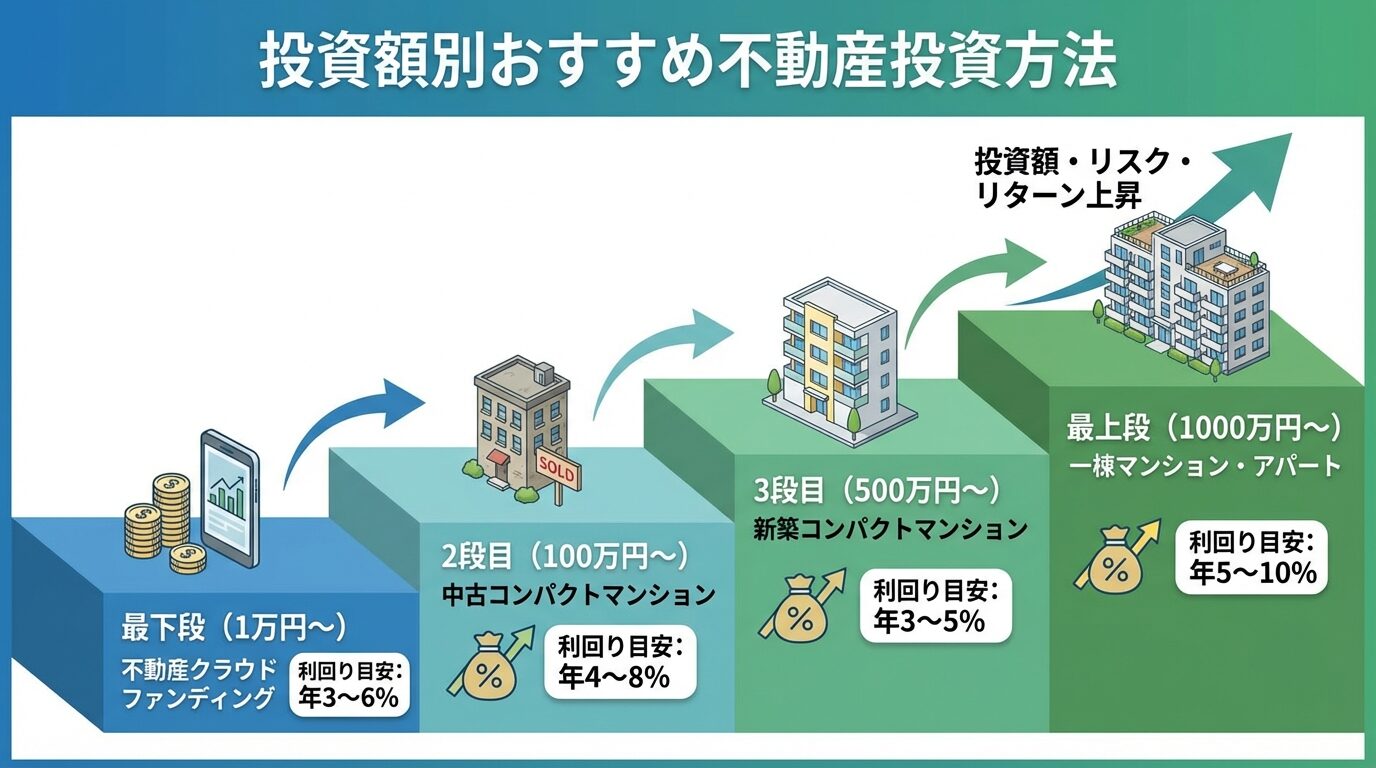 タイトル: 投資額別おすすめ不動産投資方法。4段階の階段状図で: 最下段(1万円〜)不動産クラウドファンディング、2段目(100万円〜)中古コンパクトマンション、3段目(500万円〜)新築コンパクトマンション、最上段(1000万円〜)一棟マンション・アパート。各段に利回り目安を併記