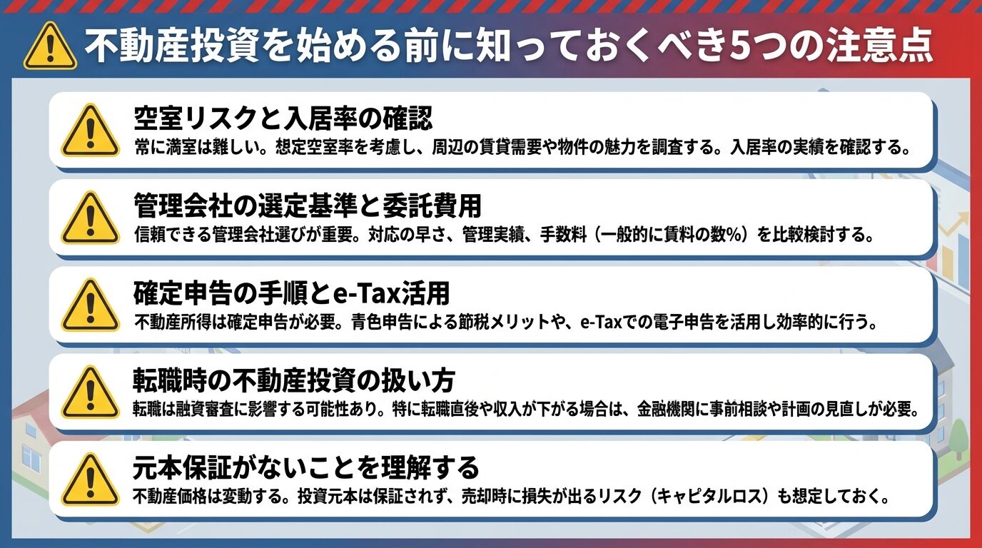 タイトル: 不動産投資を始める前に知っておくべき5つの注意点。縦並び5カードで警告アイコン付き: カード1: 空室リスクと入居率の確認、カード2: 管理会社の選定基準と委託費用、カード3: 確定申告の手順とe-Tax活用、カード4: 転職時の不動産投資の扱い方、カード5: 元本保証がないことを理解する