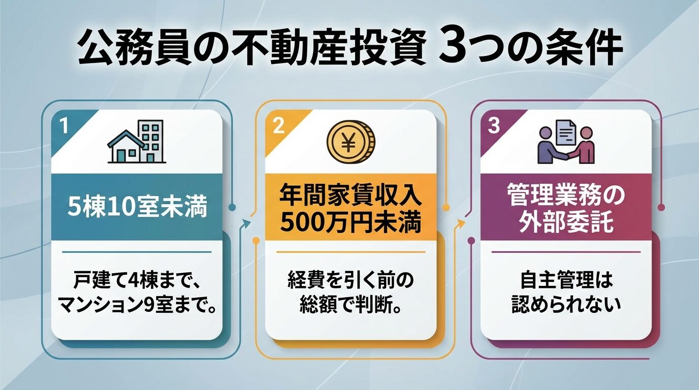 タイトル: 公務員の不動産投資 3つの条件。横並び3カードで: カード1（建物アイコン）ヘッダー: 5棟10室未満、説明: 戸建て4棟まで、マンション9室まで。カード2（お金アイコン）ヘッダー: 年間家賃収入500万円未満、説明: 経費を引く前の総額で判断。カード3（人物アイコン）ヘッダー: 管理業務の外部委託、説明: 自主管理は認められない