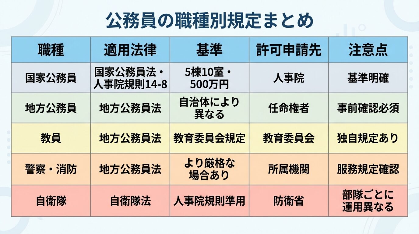 タイトル: 公務員の職種別規定まとめ。5行の表: ヘッダー行: 職種 | 適用法律 | 基準 | 許可申請先 | 注意点。行1: 国家公務員 | 国家公務員法・人事院規則14-8 | 5棟10室・500万円 | 人事院 | 基準明確。行2: 地方公務員 | 地方公務員法 | 自治体により異なる | 任命権者 | 事前確認必須。行3: 教員 | 地方公務員法 | 教育委員会規定 | 教育委員会 | 独自規定あり。行4: 警察・消防 | 地方公務員法 | より厳格な場合あり | 所属機関 | 服務規定確認。行5: 自衛隊 | 自衛隊法 | 人事院規則準用 | 防衛省 | 部隊ごとに運用異なる