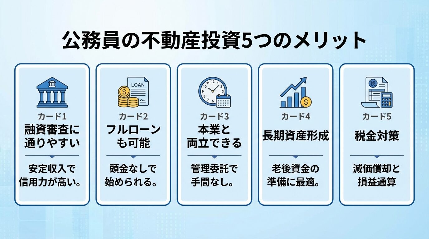 タイトル: 公務員の不動産投資5つのメリット。横並び5カードで: カード1（銀行アイコン）ヘッダー: 融資審査に通りやすい、説明: 安定収入で信用力が高い。カード2（お金アイコン）ヘッダー: フルローンも可能、説明: 頭金なしで始められる。カード3（時計アイコン）ヘッダー: 本業と両立できる、説明: 管理委託で手間なし。カード4（グラフアイコン）ヘッダー: 長期資産形成、説明: 老後資金の準備に最適。カード5（税金アイコン）ヘッダー: 税金対策、説明: 減価償却と損益通算