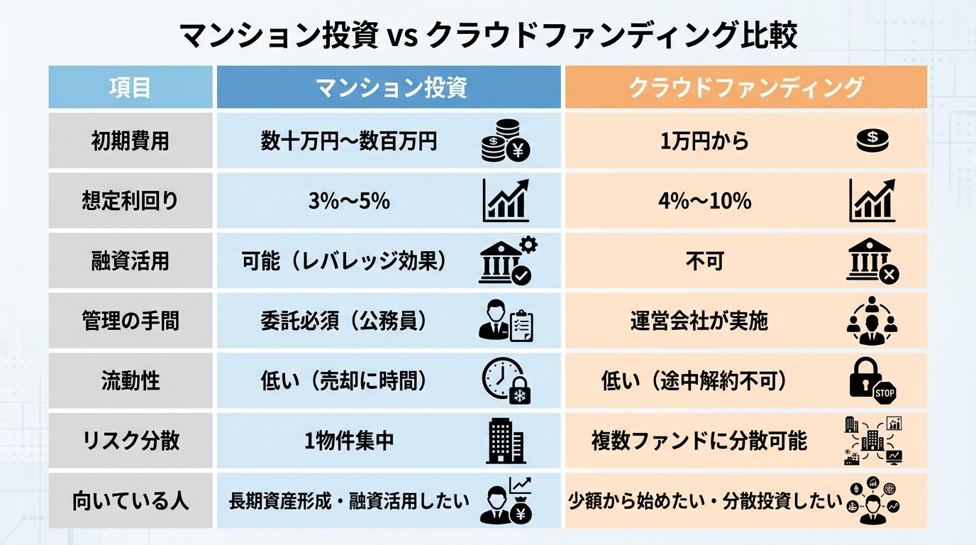 タイトル: マンション投資 vs クラウドファンディング比較。2列の表: ヘッダー行: 項目 | マンション投資 | クラウドファンディング。行1: 初期費用 | 数十万円〜数百万円 | 1万円から。行2: 想定利回り | 3%〜5% | 4%〜10%。行3: 融資活用 | 可能（レバレッジ効果） | 不可。行4: 管理の手間 | 委託必須（公務員） | 運営会社が実施。行5: 流動性 | 低い（売却に時間） | 低い（途中解約不可）。行6: リスク分散 | 1物件集中 | 複数ファンドに分散可能。行7: 向いている人 | 長期資産形成・融資活用したい | 少額から始めたい・分散投資したい