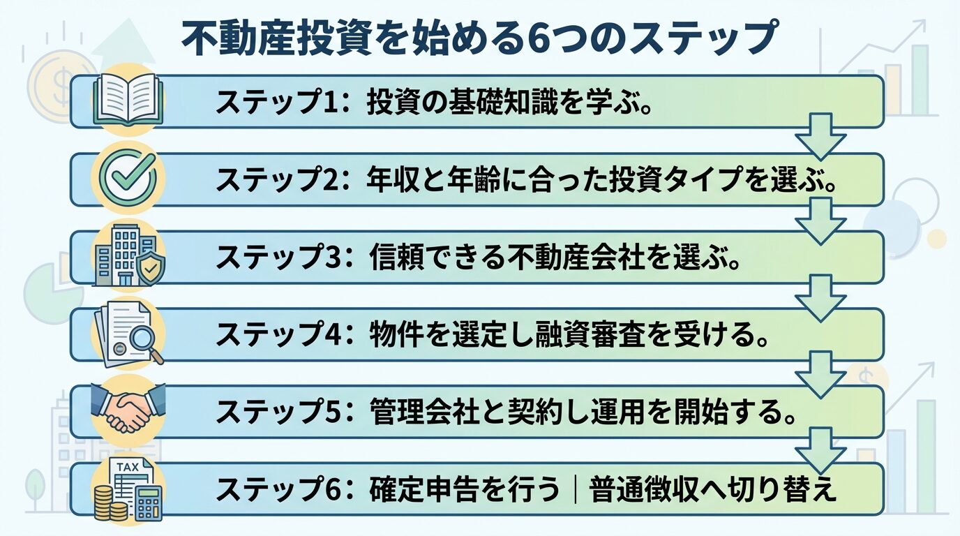 タイトル: 不動産投資を始める6つのステップ。上から下へ6ステップ: ステップ1（本アイコン）: 投資の基礎知識を学ぶ。ステップ2（チェックアイコン）: 年収と年齢に合った投資タイプを選ぶ。ステップ3（建物アイコン）: 信頼できる不動産会社を選ぶ。ステップ4（書類アイコン）: 物件を選定し融資審査を受ける。ステップ5（握手アイコン）: 管理会社と契約し運用を開始する。ステップ6（税金アイコン）: 確定申告を行う｜普通徴収へ切り替え
