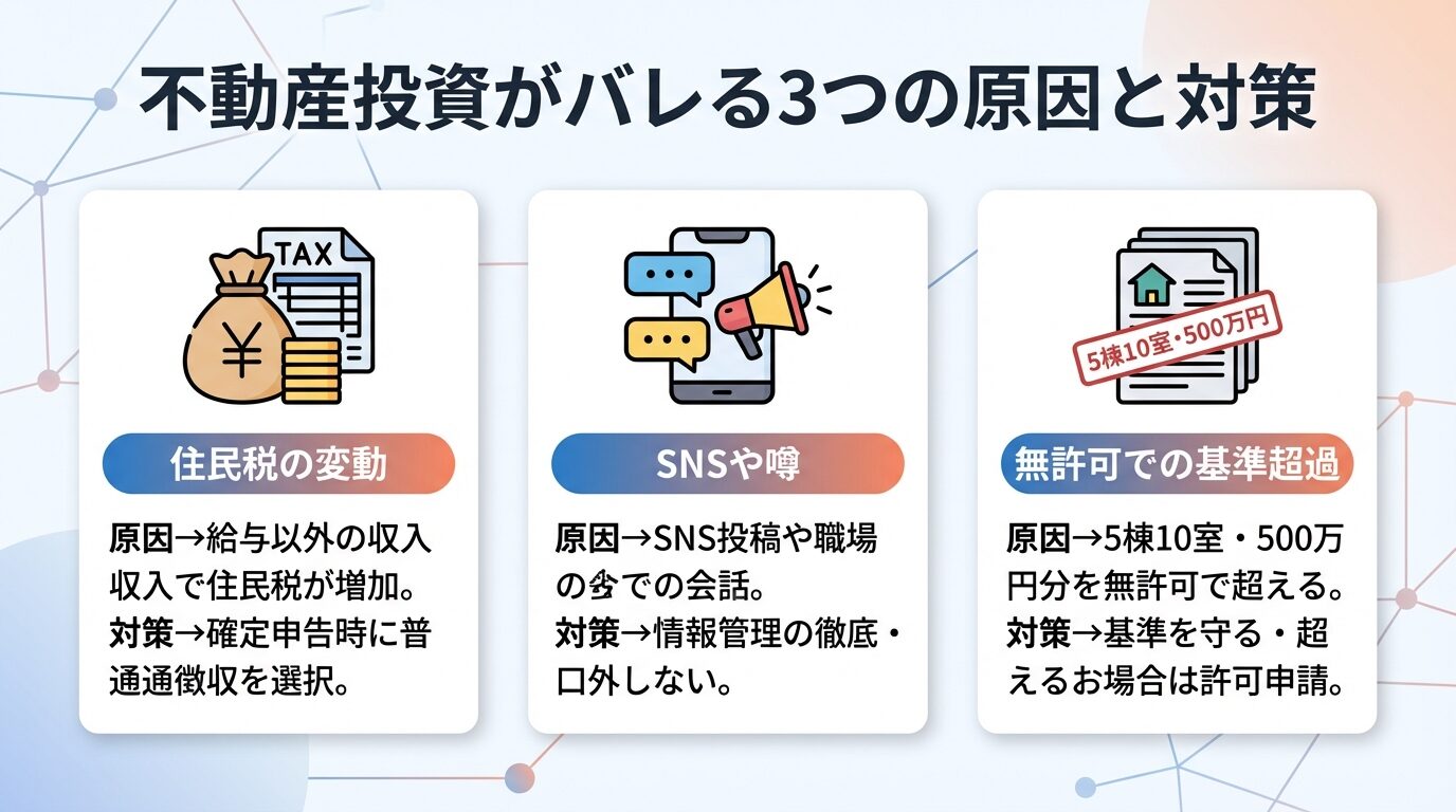 タイトル: 不動産投資がバレる3つの原因と対策。横並び3カードで: カード1（税金アイコン）ヘッダー: 住民税の変動、説明: 原因&rarr;給与以外の収入で住民税が増加。対策&rarr;確定申告時に普通徴収を選択。カード2（SNSアイコン）ヘッダー: SNSや噂、説明: 原因&rarr;SNS投稿や職場での会話。対策&rarr;情報管理の徹底・口外しない。カード3（書類アイコン）ヘッダー: 無許可での基準超過、説明: 原因&rarr;5棟10室・500万円を無許可で超える。対策&rarr;基準を守る・超える場合は許可申請
