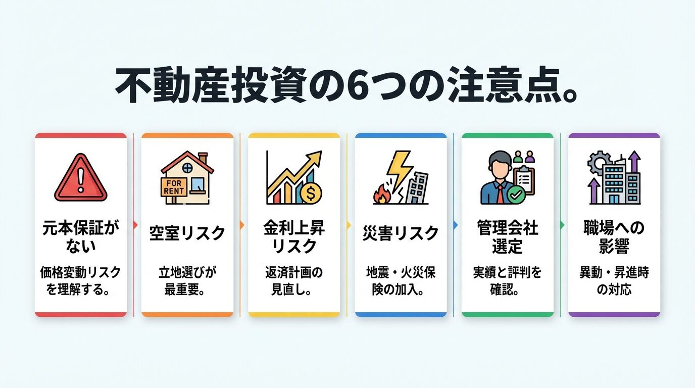タイトル: 不動産投資の6つの注意点。横並び6カードで: カード1（警告アイコン）ヘッダー: 元本保証がない、説明: 価格変動リスクを理解する。カード2（家アイコン）ヘッダー: 空室リスク、説明: 立地選びが最重要。カード3（グラフアイコン）ヘッダー: 金利上昇リスク、説明: 返済計画の見直し。カード4（雷アイコン）ヘッダー: 災害リスク、説明: 地震・火災保険の加入。カード5（人物アイコン）ヘッダー: 管理会社選定、説明: 実績と評判を確認。カード6（オフィスアイコン）ヘッダー: 職場への影響、説明: 異動・昇進時の対応