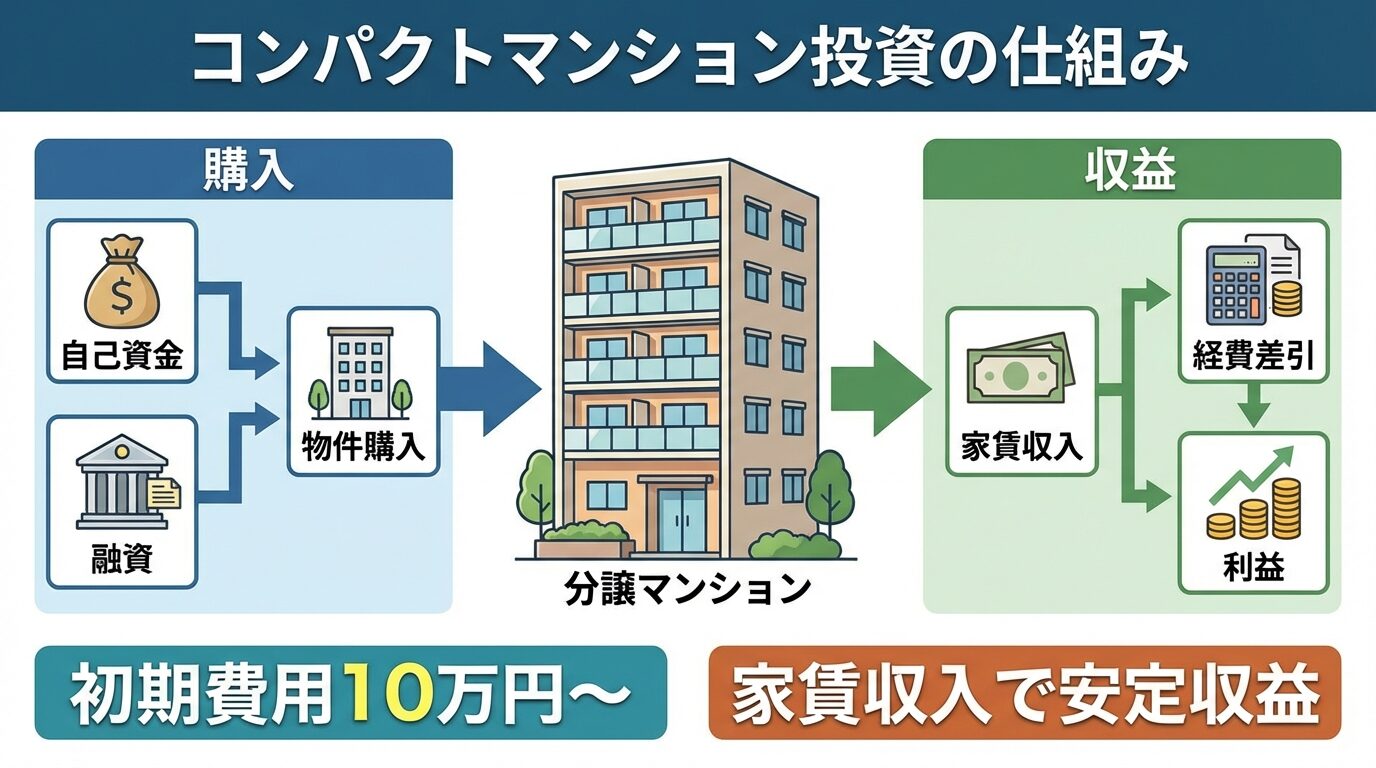 タイトル: コンパクトマンション投資の仕組み。中央に分譲マンションのイラスト、左側に「購入」フロー（自己資金+融資&rarr;物件購入）、右側に「収益」フロー（家賃収入&rarr;経費差引&rarr;利益）を矢印で示す。下部に「初期費用10万円〜」「家賃収入で安定収益」のキャッチコピー