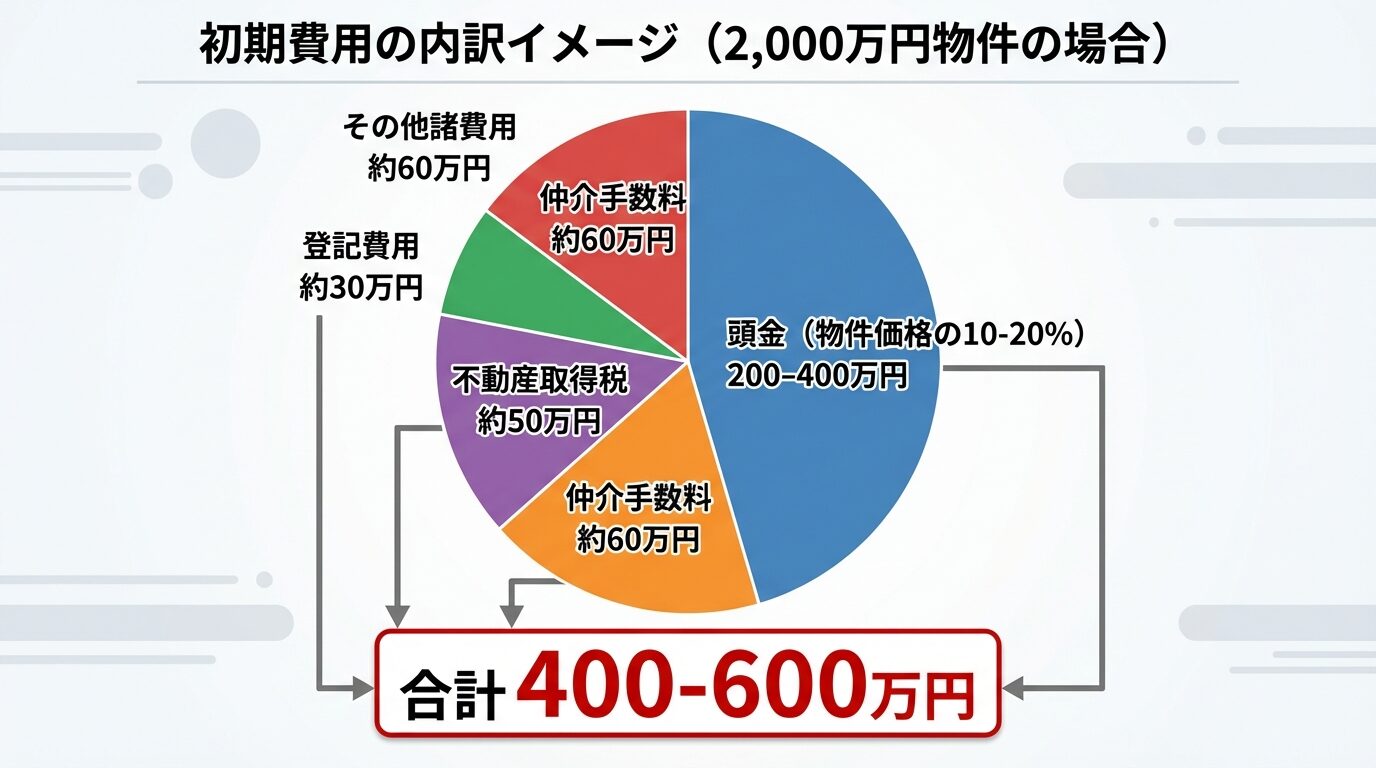 タイトル: 初期費用の内訳イメージ（2,000万円物件の場合）。円グラフで: 頭金（物件価格の10-20%）= 200-400万円、仲介手数料 = 約60万円、登記費用 = 約30万円、不動産取得税 = 約50万円、その他諸費用 = 約60万円。合計400-600万円を強調